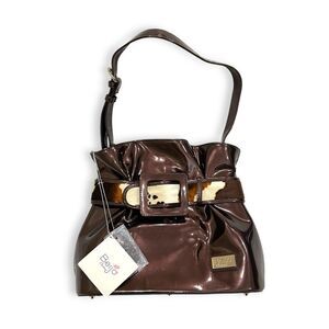 Beijo Copper Brown Patent Leather Bag with Cow Hair Detail NWT